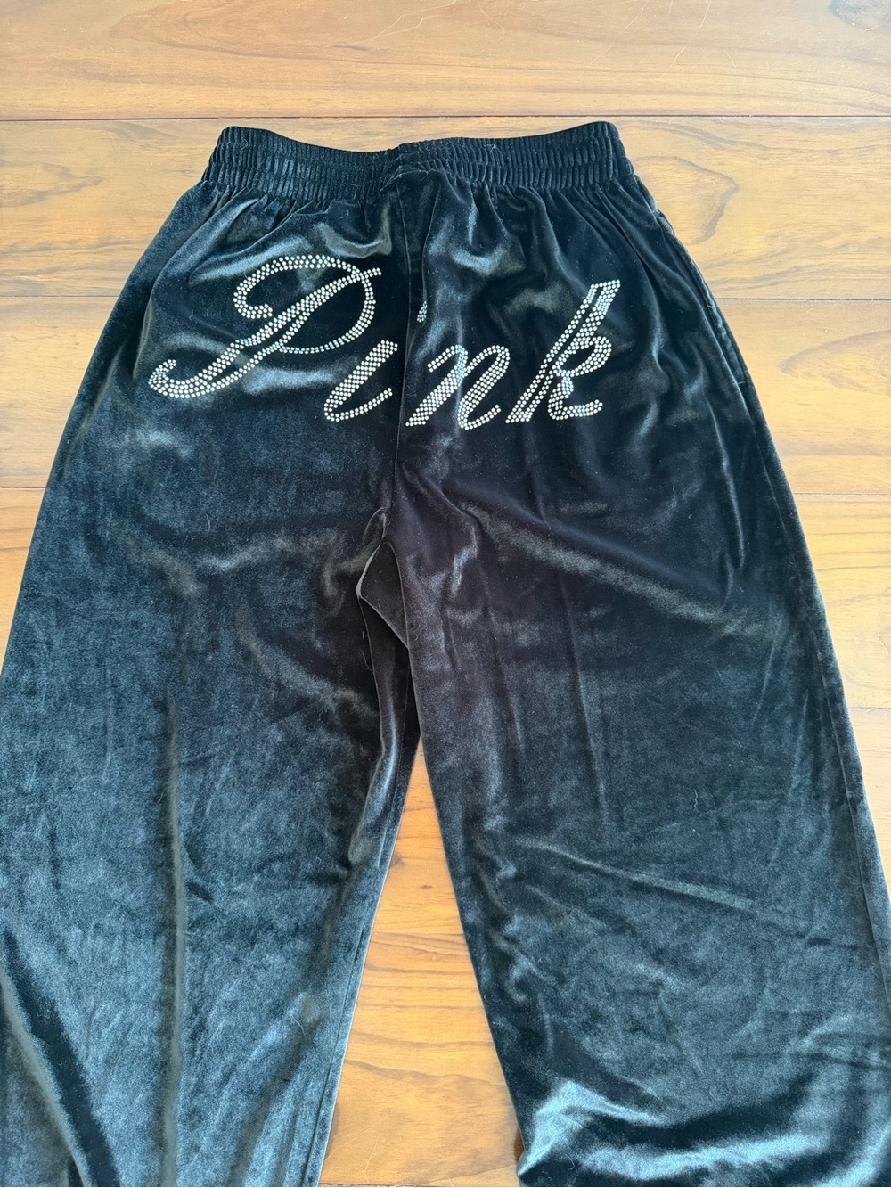 PINK Victoria's Secret Black Velour Joggers with Rhinestone Logo